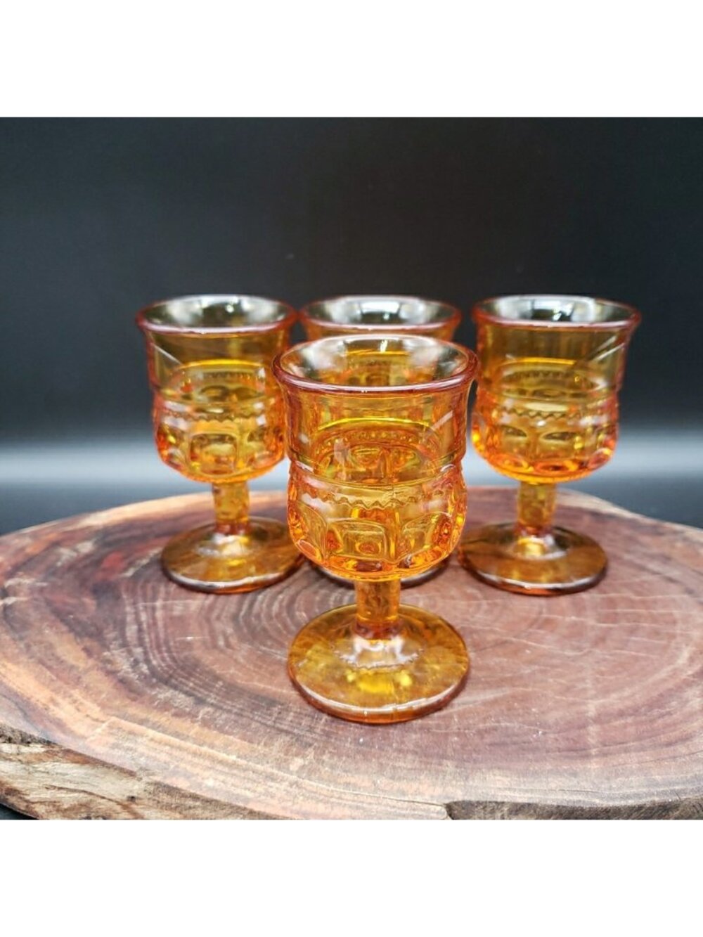 Colony Color Crown Dark Amber Thumbprint Cordial Glasses Set of 4 Vintage 3⅝"
